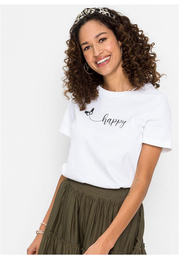 bonprix - T-shirt z czystej bawełny. Kolor: biały. Materiał: bawełna. Wzór: nadruk