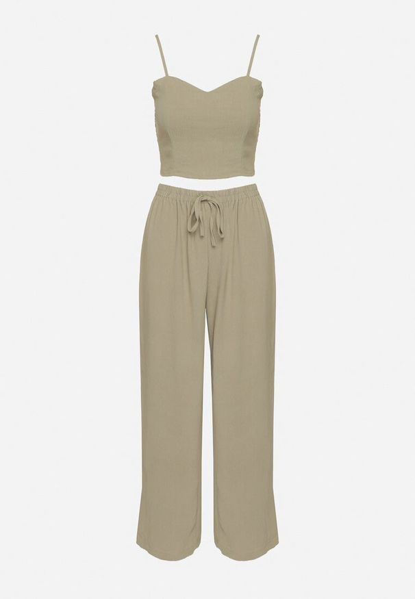 Born2be - Zielony Komplet Top na Cienkich Ramiączkach Długa Koszula i Luźne Spodnie Adirive. Kolor: zielony. Materiał: materiał