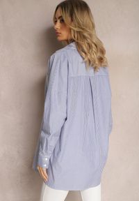 Renee - Granatowo-Biała Długa Koszula w Cienkie Paski ze Wsuwanymi Kieszeniami Buliggia. Kolor: niebieski. Długość: długie. Wzór: paski #3