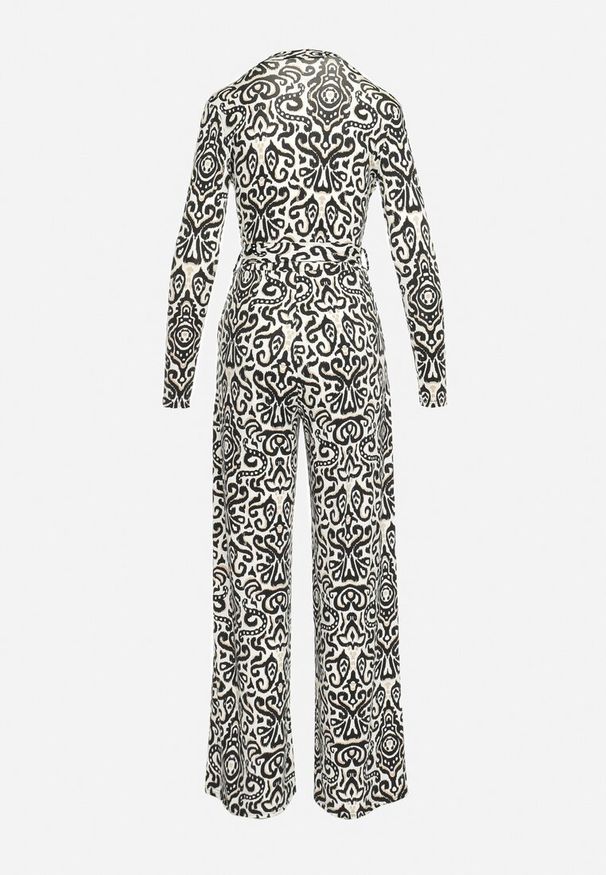 Born2be - Czarno-Biały Kombinezon w Ornamentalny Wzór z Materiałowym Paskiem Nireti. Okazja: na co dzień. Kolor: czarny. Materiał: materiał. Wzór: aplikacja. Styl: casual