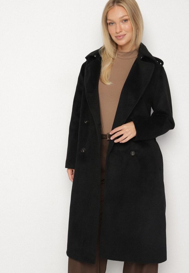 Born2be - Czarny Długi Dwurzędowy Płaszcz z Paskiem Senoriel. Okazja: na co dzień. Kolor: czarny. Materiał: jeans. Długość: długie. Sezon: zima, jesień. Styl: casual, elegancki