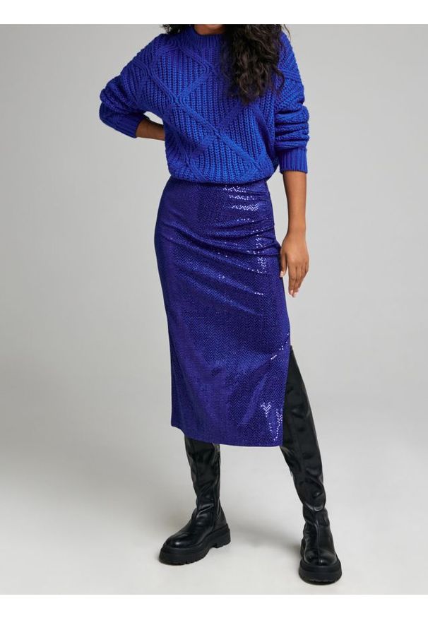 Sinsay - Cekinowa spódnica midi z rozcięciem - niebieski. Kolor: niebieski