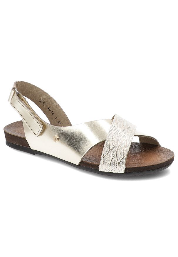 Sandały damskie Armodo, cholewka ze skóry naturalnej z kontrastowym plecionym paskiem o wzorzystym wykończeniu, złote, 40141. Zapięcie: pasek. Kolor: złoty. Materiał: skóra