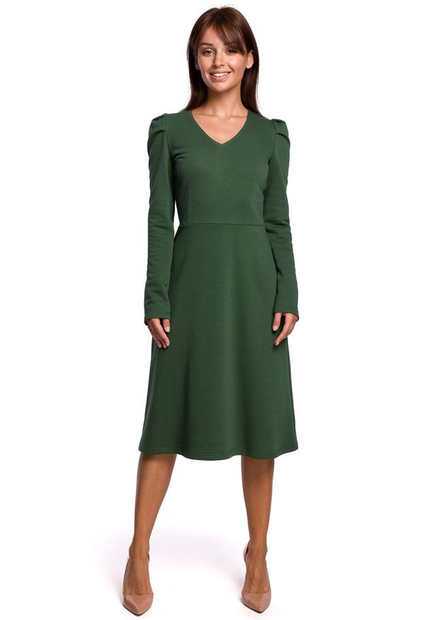 MOE - Sukienka z Trapezowym Dołem z Bufkami - Trawiasta. Kolor: zielony. Materiał: bawełna, poliester. Typ sukienki: trapezowe