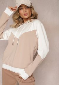 Renee - Beżowa Bawełniana Bluza z Geometrycznym Kolorowym Przeszyciem i Kapturem Vifia. Typ kołnierza: kaptur. Kolor: beżowy. Materiał: bawełna. Wzór: geometria, kolorowy