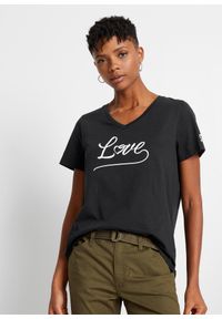 bonprix - Shirt z nadrukiem. Typ kołnierza: dekolt w serek. Kolor: czarny. Wzór: nadruk #1