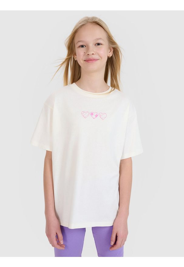 4f - 4F T-shirt oversize gładki dziewczęcy - biały 128 (7-8 lat). Okazja: na co dzień. Kolor: biały. Materiał: bawełna, jersey, dzianina. Długość rękawa: krótki rękaw. Długość: krótkie. Wzór: gładki. Sezon: lato. Styl: klasyczny, sportowy, casual