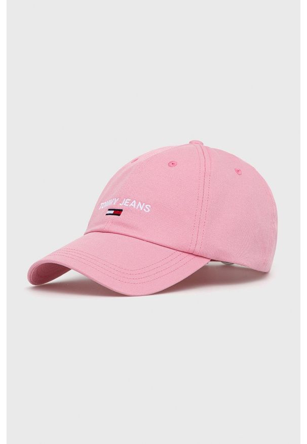 Tommy Jeans czapka bawełniana kolor różowy z aplikacją. Kolor: różowy. Materiał: bawełna. Wzór: aplikacja