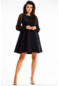 Awama - Czarna Elegancka Sukienka z Prześwitującym Rękawem. Kolor: czarny. Materiał: poliester, elastan. Styl: elegancki #1