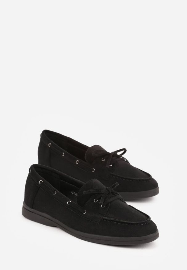 Born2be - Czarne Mokasyny Ozdobione Wiązaniem Fyrelerris. Okazja: na co dzień. Kolor: czarny. Materiał: jeans. Wzór: aplikacja. Styl: casual, klasyczny