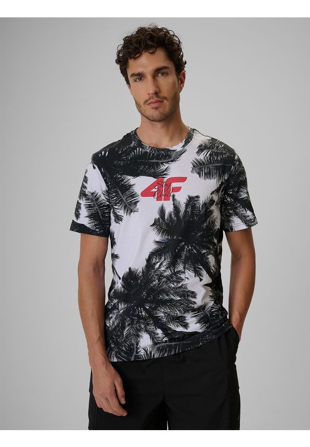 4f - 4F T-shirt regular z nadrukiem męski - czarno-biały S. Okazja: na co dzień. Kolor: czarny. Materiał: bawełna, dzianina. Wzór: nadruk. Styl: wakacyjny, casual, klasyczny