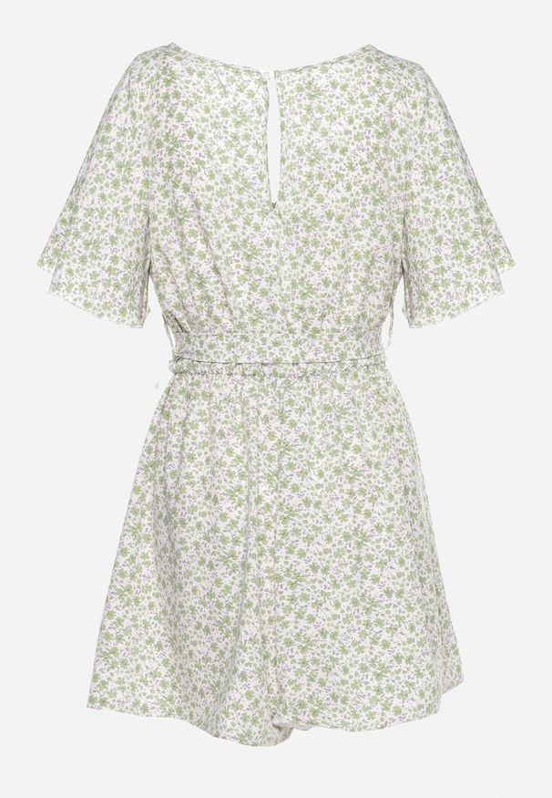 Born2be - Zielony Kombinezon z Gumką w Pasie Zapinany przy Karku na Guzik z Dodatkowym Materiałowym Paskiem Odilla. Okazja: do pracy, na spotkanie biznesowe. Kolor: zielony. Materiał: materiał. Długość rękawa: krótki rękaw. Długość: długie. Styl: elegancki, biznesowy