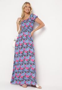 Born2be - Fioletowo-Niebieska Rozkloszowana Sukienka Typu Hiszpanka z Marszczoną Górą Jesteria. Typ kołnierza: dekolt hiszpanka. Kolor: fioletowy. Długość rękawa: krótki rękaw. Styl: wakacyjny, elegancki #1