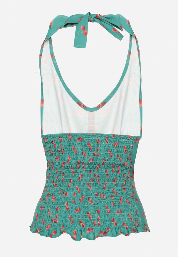 Born2be - Zielona Bluzka z Odkrytymi Plecami i Wiązaniem Zdobiona Guzikami Tolanesse. Okazja: na co dzień. Typ kołnierza: dekolt kwadratowy. Kolor: zielony. Materiał: jeans. Długość rękawa: bez rękawów. Wzór: aplikacja. Styl: klasyczny, casual, elegancki