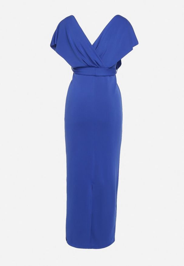 Born2be - Granatowa Wieczorowa Sukienka z Kopertowym Dekoltem i Rozcięciem z Materiałowym Paskiem Vorni. Okazja: na co dzień. Kolor: niebieski. Materiał: materiał. Typ sukienki: kopertowe. Styl: wizytowy