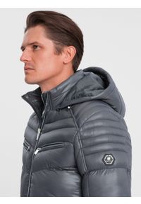 Ombre Clothing - Mocno ocieplona pikowana męska kurtka z odpinanym kapturem – grafitowa V3 OM-JAHP-22FW-010 - XXL. Typ kołnierza: kołnierzyk stójkowy. Kolor: szary. Materiał: skóra, syntetyk, poliester, materiał. Długość: krótkie. Wzór: gładki, aplikacja. Sezon: zima. Styl: sportowy #4