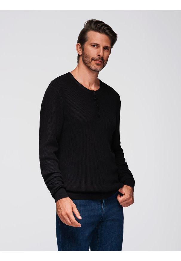 Ombre Clothing - Prążkowany sweter męski z guzikami przy dekolcie - czarny V2 - Rozmiar: M. Kolor: czarny. Materiał: prążkowany. Styl: elegancki