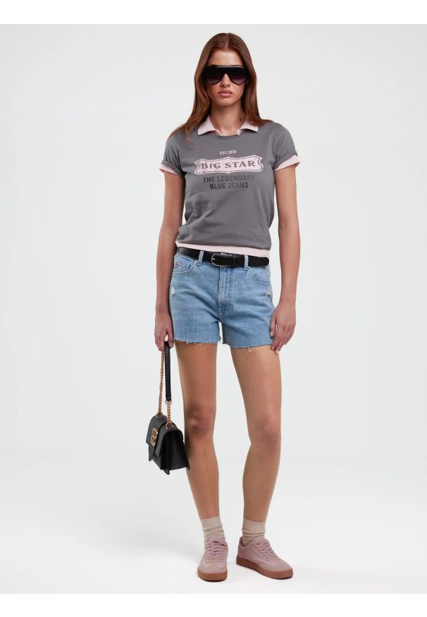 Big-Star - Szorty damskie jeansowe z surowym wykoŅczeniem z kolekcji Authentic niebieskie Authentic Girl 284. Okazja: na co dzień. Stan: podwyższony. Kolor: niebieski. Materiał: jeans. Sezon: lato. Styl: klasyczny, casual, elegancki
