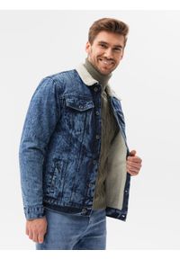 Ombre Clothing - Kurtka męska jeansowa typu sherpa C523 - indygo - XXL. Materiał: jeans. Styl: klasyczny