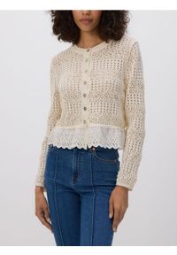 Reserved - Ażurowy kardigan - kremowy. Kolor: kremowy. Materiał: dzianina. Wzór: ażurowy #1