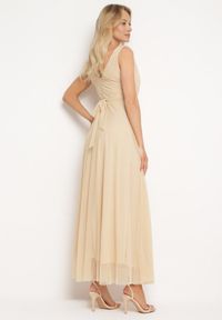 Born2be - Beżowa Sukienka Koktajlowa z Tiulowym Dołem Elasoria. Kolor: beżowy. Materiał: tiul. Styl: wizytowy #6