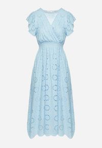 Born2be - Niebieska Ażurowa Sukienka z Kopertowym Dekoltem i Bufiastymi Rękawami Ldivane. Okazja: na co dzień, na imprezę. Kolor: niebieski. Wzór: ażurowy. Sezon: lato. Typ sukienki: kopertowe. Styl: casual #2