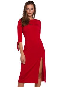Sukienki.shop - Elegancka sukienka z rozcięciem czerwona. Okazja: na randkę. Kolor: czerwony. Materiał: tkanina. Wzór: gładki. Typ sukienki: dopasowane. Styl: elegancki. Długość: midi