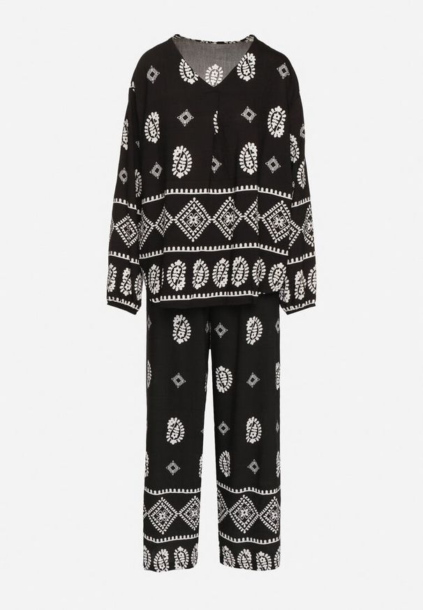 Born2be - Czarny Komplet w Stylu Rustykalnym Luźna Bluzka i Spodnie z Wiskozą Emilaris. Kolor: czarny. Materiał: wiskoza. Wzór: aplikacja