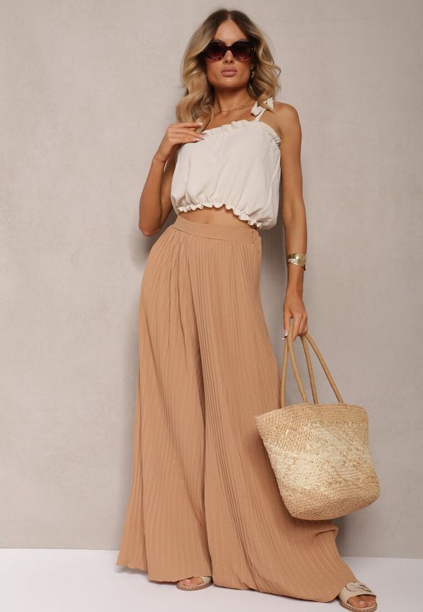 Renee - Beżowe Szerokie Spodnie z Plisami High Waist Mirealli. Stan: podwyższony. Kolor: beżowy