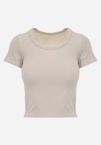 Renee - Beżowy Krótki T-shirt Basic z Okrągłym Dekoltem Gresalor. Okazja: na co dzień. Kolor: beżowy. Materiał: jeans, zamsz. Długość: krótkie. Styl: klasyczny, casual #2