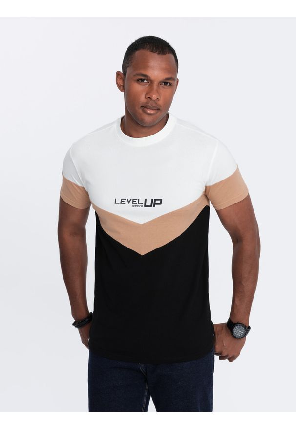 Ombre Clothing - T-shirt męski bawełniany trójkolorowy z logo - czarno-brązowy V3 S1747 - M. Kolor: czarny. Materiał: bawełna. Długość rękawa: krótki rękaw. Długość: krótkie. Wzór: geometria, nadruk. Styl: klasyczny