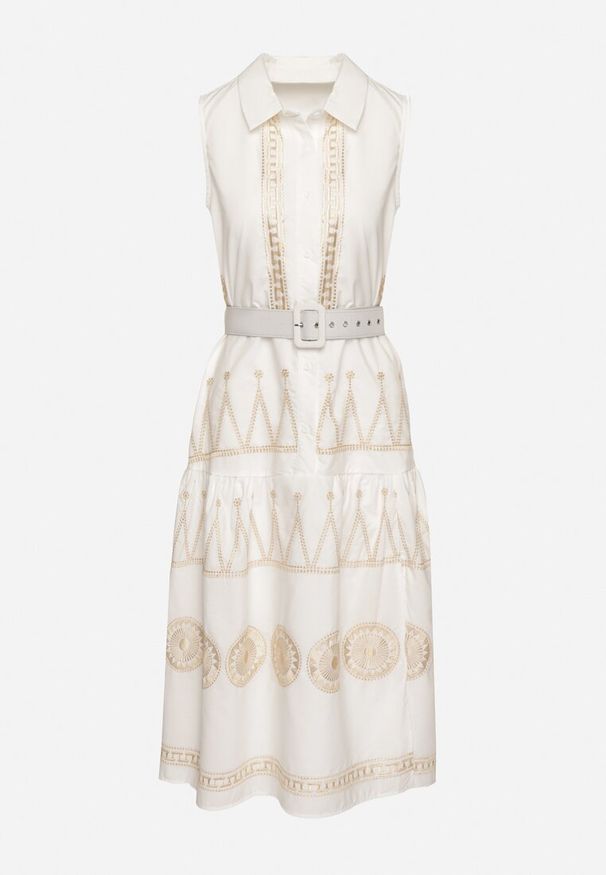 Born2be - Biała Koszulowa Sukienka z Ozdobnym Haftem i Paskiem Mallivena. Okazja: na co dzień. Typ kołnierza: kołnierzyk klasyczny. Kolor: biały. Materiał: poliester, jeans, bawełna, materiał. Wzór: haft. Typ sukienki: koszulowe. Styl: casual, klasyczny