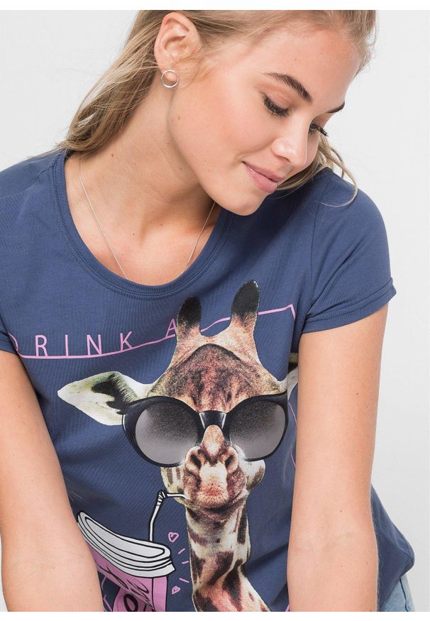 bonprix - T-shirt z czystej bawełny. Kolor: niebieski. Materiał: bawełna. Wzór: nadruk