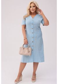 Moda Size Plus Iwanek - Sukienka Savannah - Len w odcieniu błękitu PLUS SIZE OVERSIZE XXL. Kolekcja: plus size. Materiał: len. Sezon: lato. Typ sukienki: oversize, dla puszystych. Styl: klasyczny, elegancki