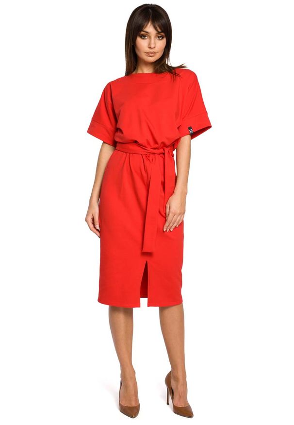 MOE - Czerwona Sukienka Midi z Rozcięciem na Przodzie. Kolor: czerwony. Materiał: bawełna, elastan. Długość: midi