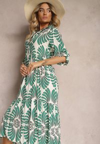 Renee - Zielono-Biała Wiskozowa Sukienka Zapinana na Guziki z Regulowanymi Rękawami Biatalia. Okazja: na spacer, na co dzień, na imprezę. Kolor: zielony. Materiał: wiskoza. Styl: elegancki, casual #5