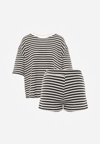 Renee - Beżowo-Czarny Komplet Casualowy z Bawełny Oversize T-shirt i Szorty w Paski Stylizowany na Szydełkowany Pherra. Kolor: beżowy. Materiał: bawełna. Wzór: paski #6