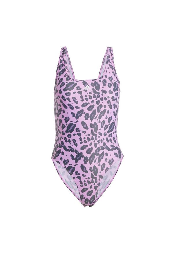 Adidas - Strój do pływania Essentials Animal Print U-Back. Kolor: biały, wielokolorowy, fioletowy. Materiał: materiał. Wzór: nadruk