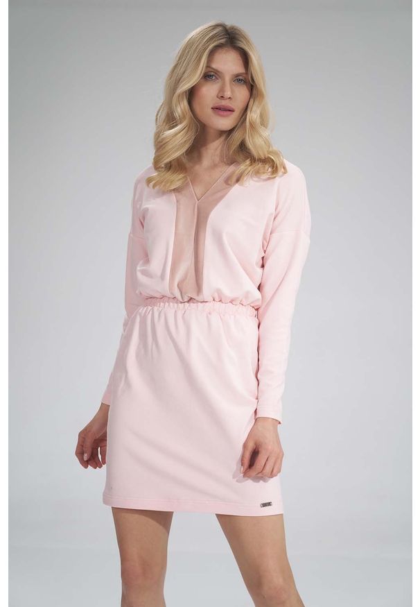 Figl - Mini Sukienka z Dekoltem Wykończonym Welurem - Różowa. Kolor: różowy. Materiał: welur. Długość: mini