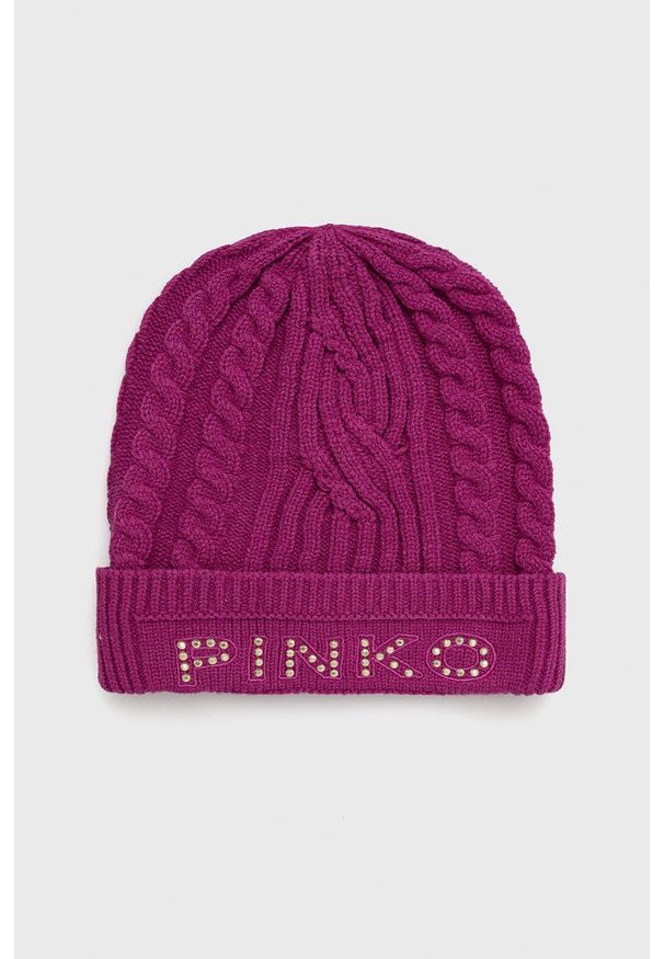 Pinko czapka kolor fioletowy. Kolor: fioletowy. Materiał: materiał, dzianina. Wzór: ze splotem