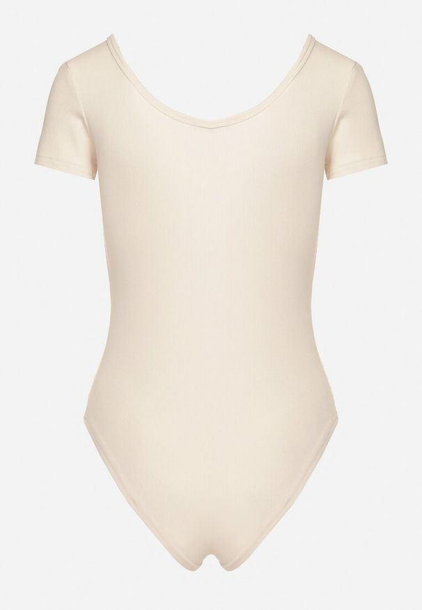 Born2be - Beżowe Bawełniane Body z Prążkowanego Materiału Jublea. Okazja: na spotkanie biznesowe, do pracy. Kolor: beżowy. Materiał: materiał, prążkowany, bawełna. Długość rękawa: krótki rękaw. Długość: krótkie. Styl: biznesowy, elegancki