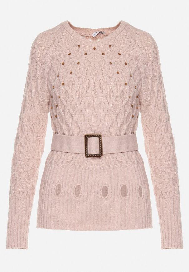 Born2be - Jasnoróżowy Sweter Ozdobiony Tłoczeniem i Paskiem Kortissta. Okazja: na co dzień. Kolor: różowy. Materiał: jeans. Długość rękawa: długi rękaw. Długość: długie. Wzór: aplikacja. Styl: klasyczny, casual