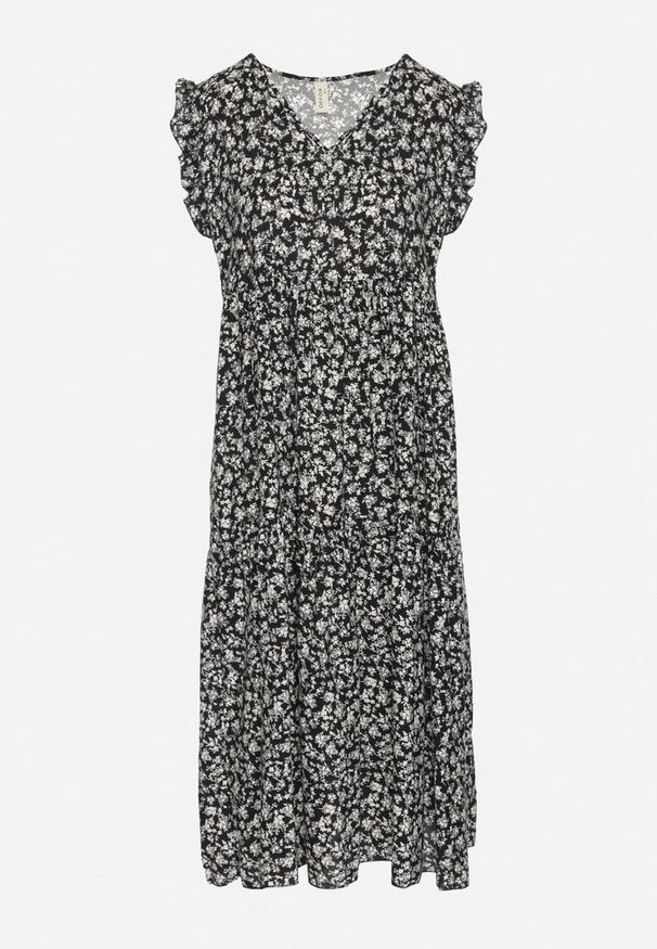 Born2be - Czarna Bawełniana Sukienka o Rozkloszowanym Kroju z Falbanami i Dekoltem w Serek Ifforine. Okazja: na co dzień. Typ kołnierza: dekolt w serek. Kolor: czarny. Materiał: bawełna. Styl: casual, elegancki