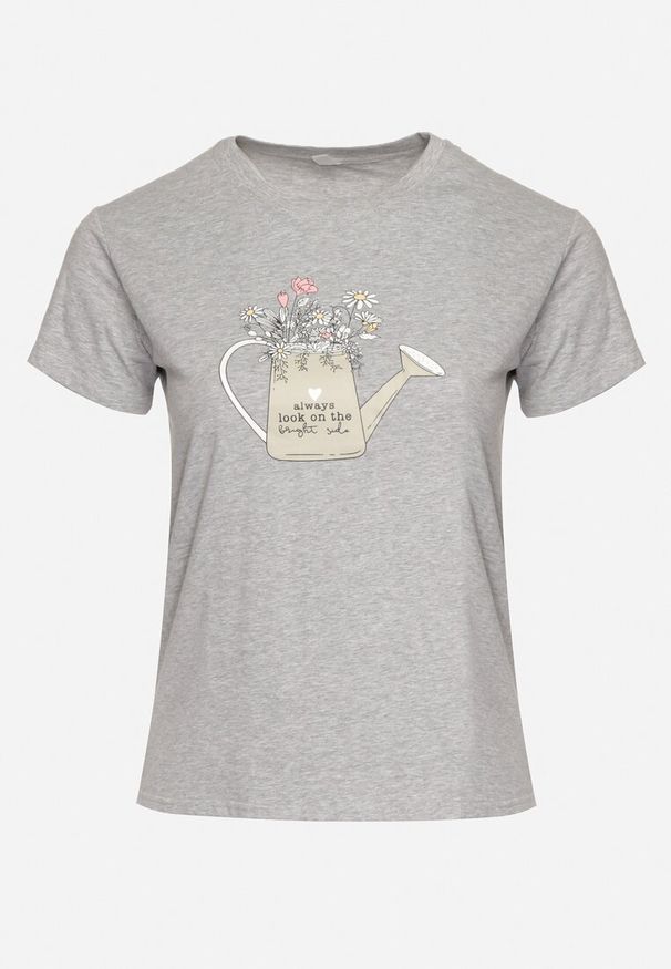 Born2be - Szary Bawełniany T-shirt z Ozdobnym Nadrukiem Littana. Okazja: na co dzień. Kolor: szary. Materiał: bawełna. Wzór: nadruk. Sezon: wiosna, lato. Styl: klasyczny, casual