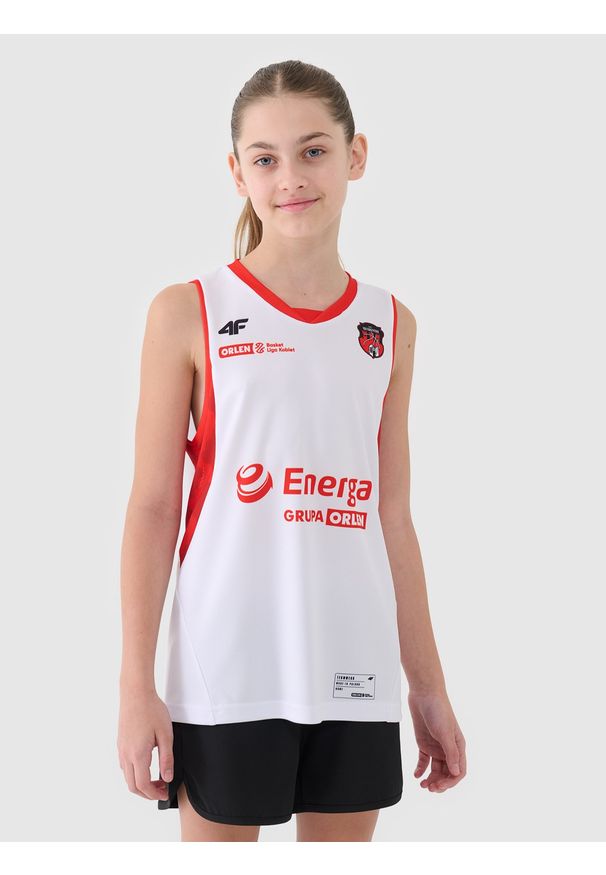 4f - 4F Koszulka meczowa replika domowa z sezonu 2024/25 dziecięca 4F x MMKS Katarzynki Toruń - multikolor 134/140 (8-10 lat). Typ kołnierza: dekolt w serek. Kolor: wielokolorowy. Materiał: dzianina, włókno, materiał, syntetyk. Wzór: gładki, aplikacja, ze splotem. Sezon: lato. Sport: koszykówka, fitness