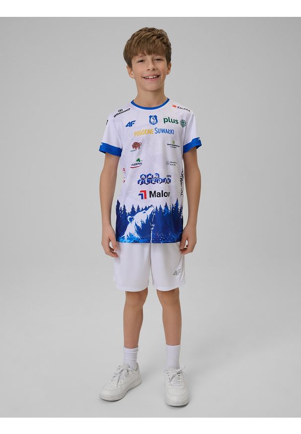 4f - 4F Koszulka meczowa replika domowa z sezonu 2025/26 dziecięca 4F x Ślepsk Suwałki - biała 158/164 (12-14 lat). Okazja: do domu. Kolor: biały. Materiał: dzianina, materiał. Wzór: nadruk. Sezon: lato. Styl: młodzieżowy