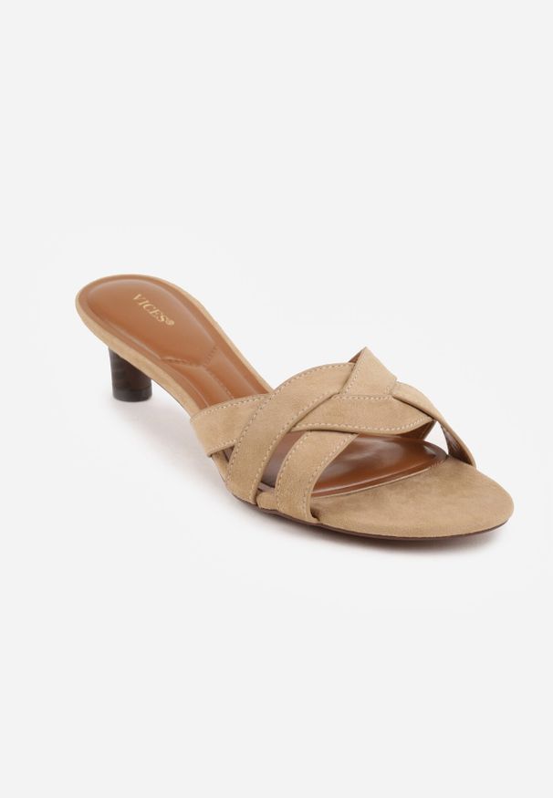 Born2be - Beżowe Klapki VICES na Kaczuszkowym Obcasie z Przeplatanymi Paskami Merose. Okazja: na co dzień. Kolor: beżowy. Materiał: jeans. Wzór: paski. Obcas: na obcasie. Styl: elegancki, casual. Wysokość obcasa: średni