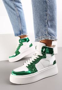 Renee - Biało-Zielone Sznurowane Sneakersy za Kostkę z Brokatem i Metalicznymi Wstawkami Sareena. Wysokość cholewki: za kostkę. Kolor: biały #4
