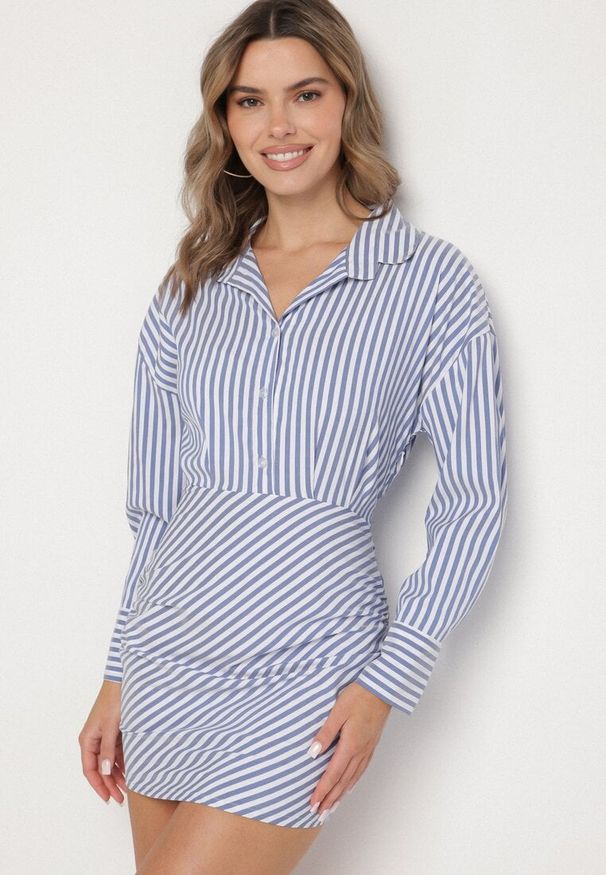 Born2be - Niebieska Koszulowa Sukienka w Paski o Dopasowanym Kroju Meveira. Okazja: na imprezę. Typ kołnierza: kołnierzyk klasyczny. Kolor: niebieski. Długość rękawa: długi rękaw. Wzór: paski. Typ sukienki: koszulowe. Styl: klasyczny