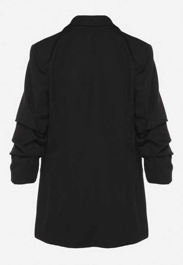 Born2be - Czarna Długa Marynarka z Rękawami 3/4 Ozdobionymi Marszczeniami Banette. Okazja: na co dzień, na spotkanie biznesowe. Kolekcja: plus size. Kolor: czarny. Materiał: jeans. Długość: długie. Wzór: aplikacja. Styl: biznesowy, klasyczny, casual